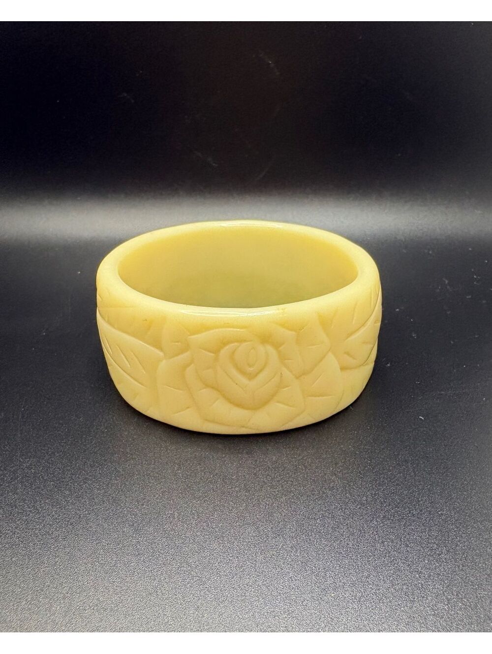 Vintage Carved Cream Lucite Rose Bangle Bracelet- Wide Floral